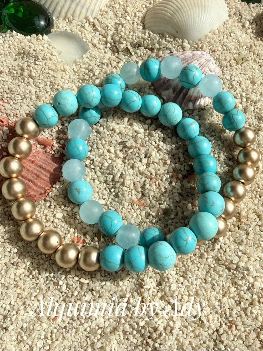 Turquoise and Gold Beaded Stretch Bracelet Set of two